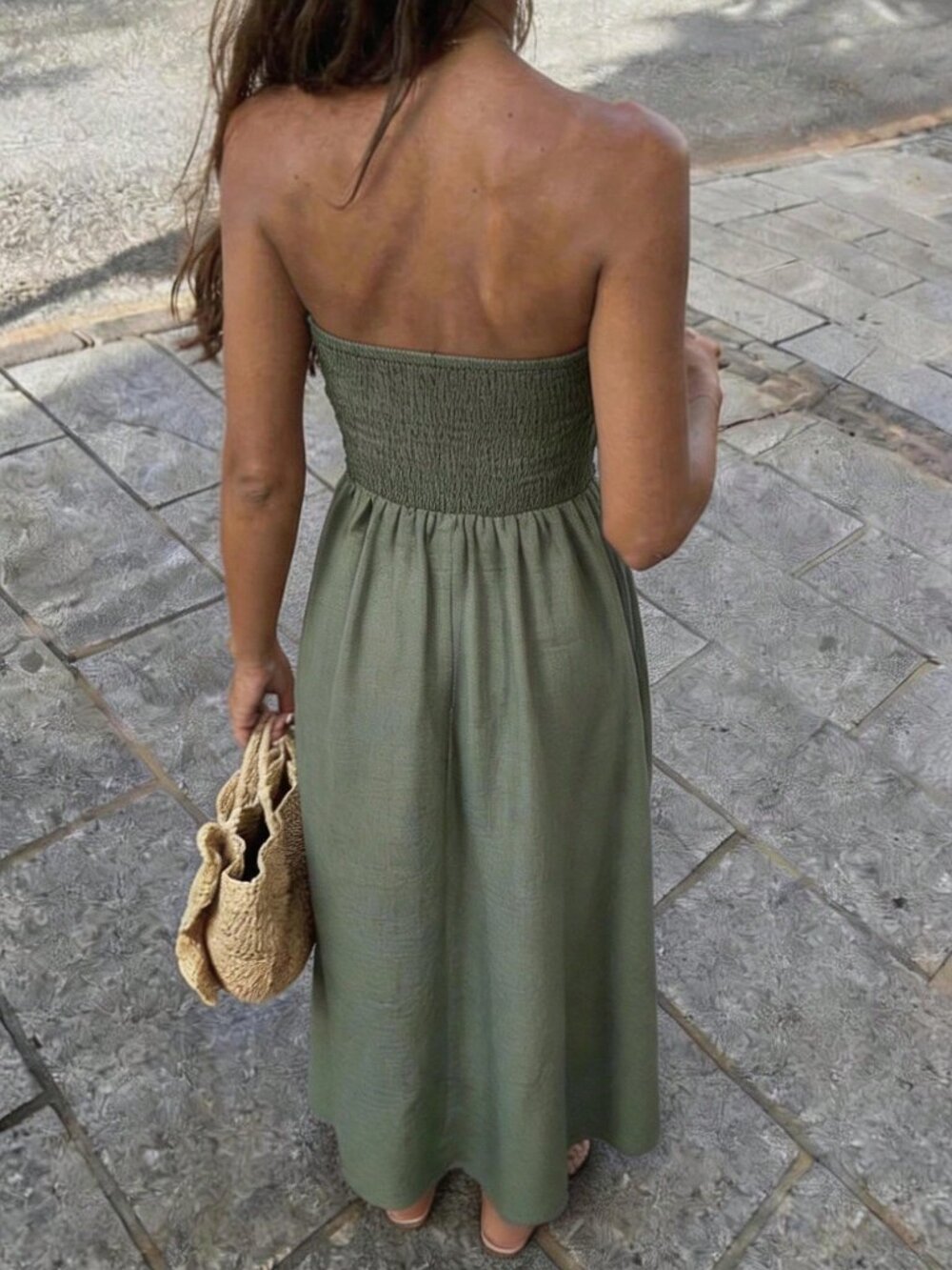 Green Casual Women's Bohemian Elegant Strapless Ruffle Hem Dress - Picture 2 of 4